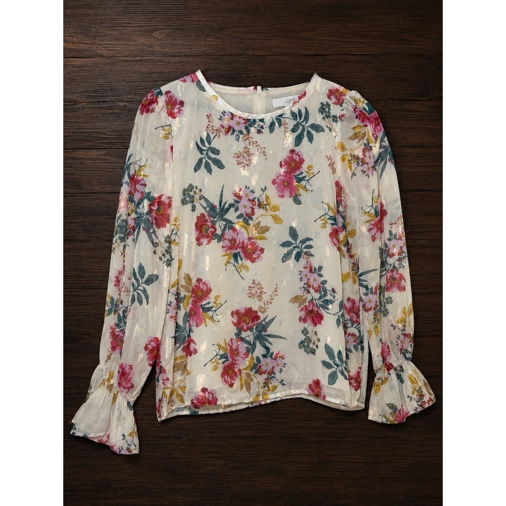 LOFT Floral Sheer Metallic Blouse Small Ivory Pink Long Sleeve